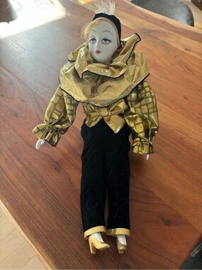 Gold and Black Pierrot Decorative Doll with Metallic Ruffled Collar